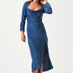 Gracie Long Sleeve Cutout Satin Midi Dress Navy